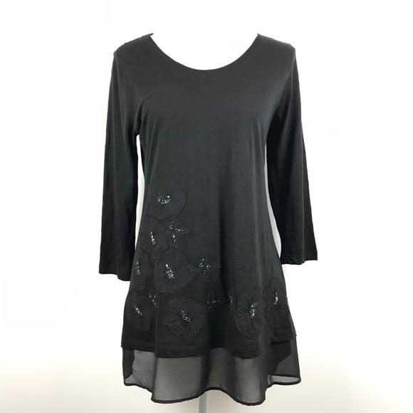 LOGO Slub Knit Embellished Chiffon Trim Tunic Women’s Size XS Black - Picture 2 of 9